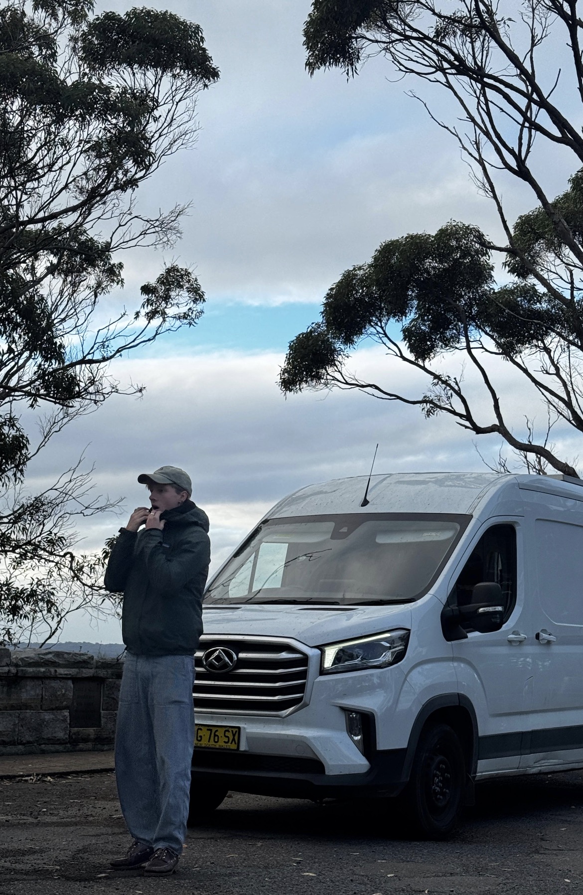 Campervan parked among gum trees on the coast